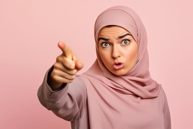 A woman in a hijab points at the camera with her finger pointing at the camera.