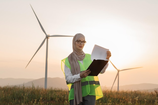 Woman in hijab standing on windmill farm with clipboard