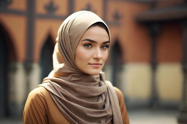 A woman in a hijab stands in front of a building.