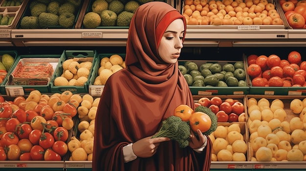 ヒジャブを着た女性が食料品店のホールドに立っています