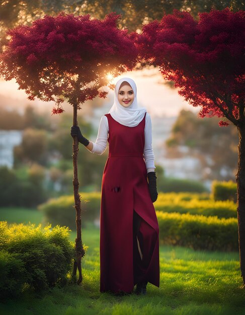 Photo a woman in a hijab stands under a tree with a red flower in the background