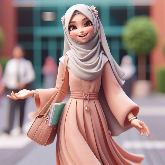 Woman in a hijab syari walking with a joyful expression on her way to the campus