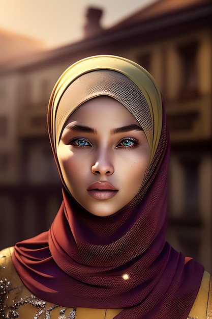 A woman in a hijab with blue eyes