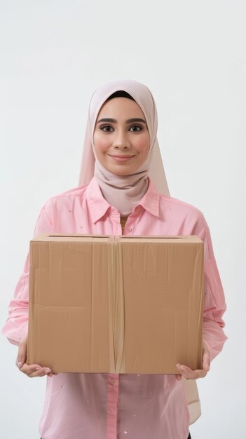 Photo a woman in a hijab with a cardboard box on her head