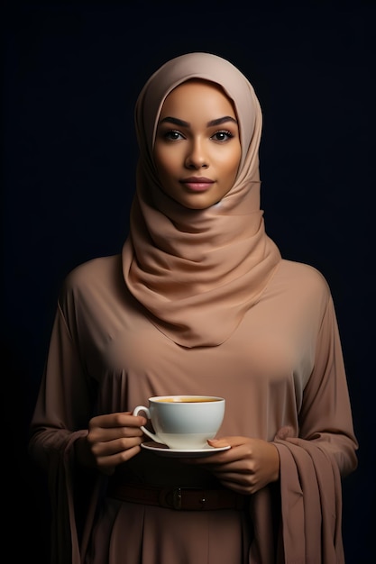 a woman in a hijab with a cup of tea