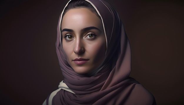 A woman in a hijab with a dark background