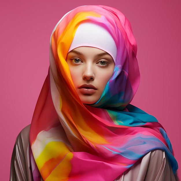 Foto una donna in hijab con un hijab a colori sulla testa