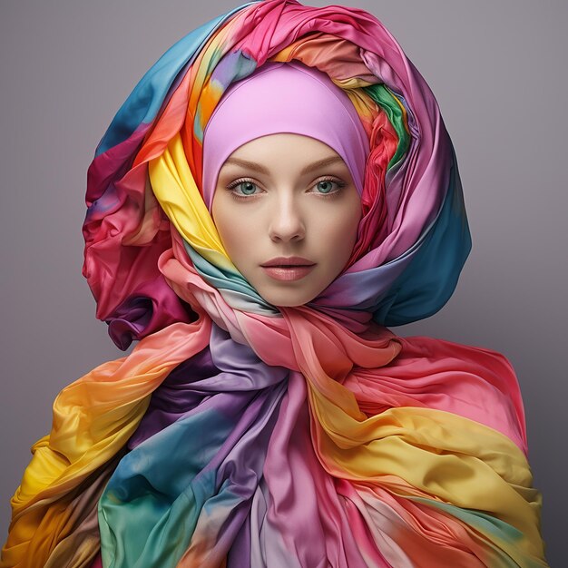 Foto una donna in hijab con un hijab a colori sulla testa