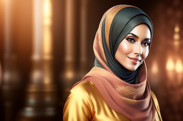 A woman in a hijab with a gold background