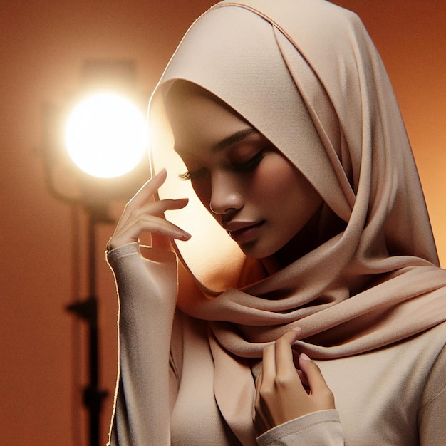 a woman in a hijab with a light behind her head