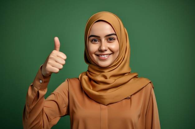 A woman in a hijab with a thumb up