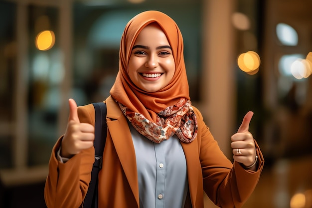 A woman in a hijab with the thumbs up