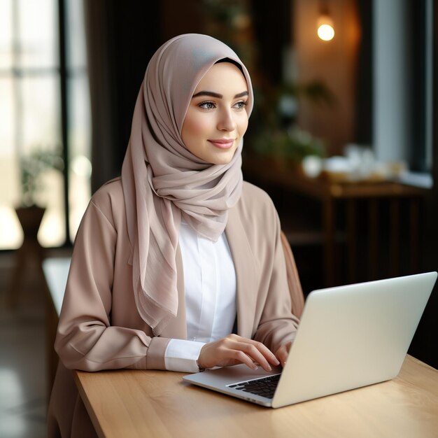 A woman in a hijab works on a laptop in a cafe or at home Work online remote work Muslim