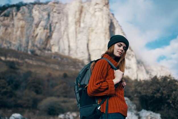 Woman hiker backpack vacation landscape mountains travel