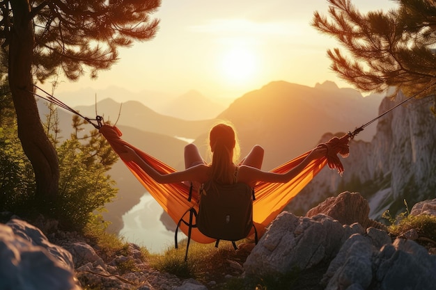 Woman hiker resting after climbing in a hammock at sunset