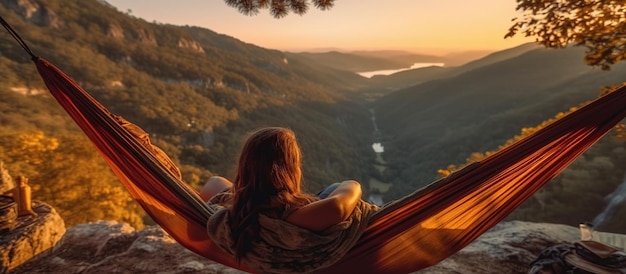 Woman hiker resting after climbing in a hammock at sunset