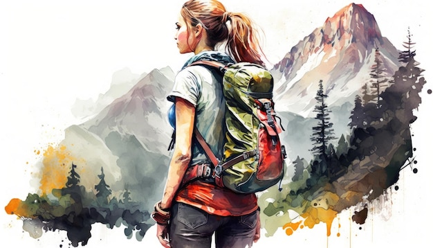 Woman hiker with backpack on top of the mountain back view Generative AI