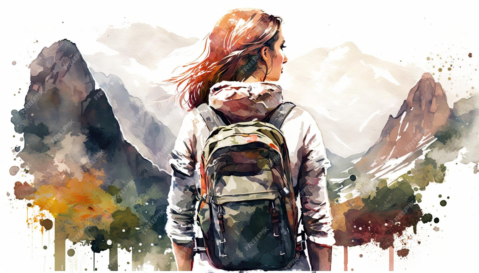 Hiking clipart illustration depicting a hiker with a backpack, enjoying the  scenic view of a waterfall in a lush forest. AI Generated 26674671 PNG