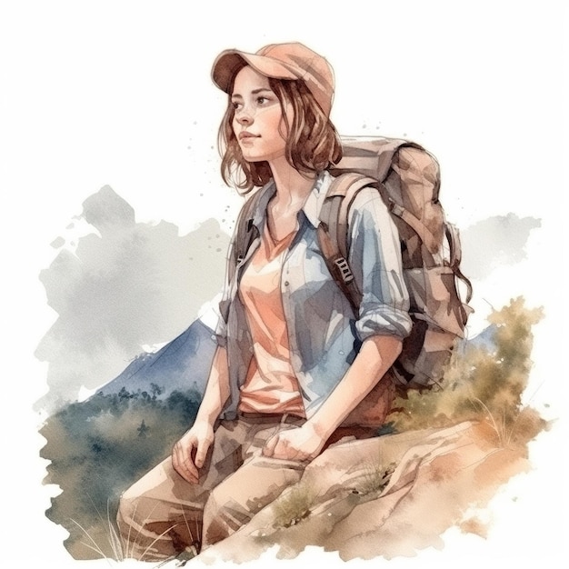 Woman hiker with backpack on top of the mountain watercolor style Generative AI