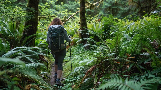 Photo a woman hikes through a lush green forest the ferns are tall and dense and the trees are towering