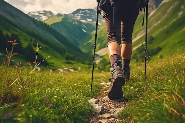 A woman hiking in a field with mountains in the background.