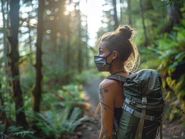 Woman hiking in forest with mask