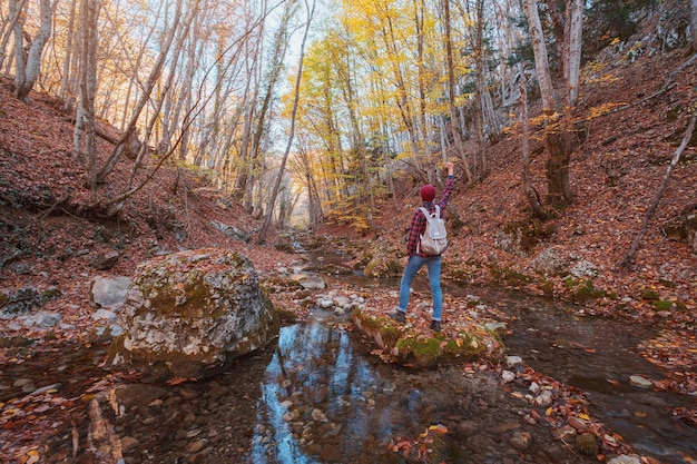 Donna che fa un'escursione guardando la vista panoramica del paesaggio del fogliame autunnale