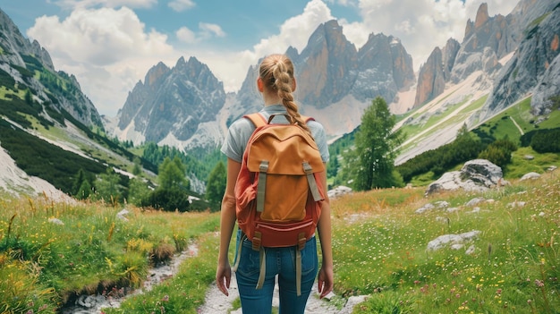 Foto una donna che fa un'escursione in montagna godendosi la sfida e la bellezza della natura mentre fa un ottimo allenamento cardiovascolare