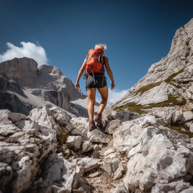 a woman hiking up a rocky trail in the mountains