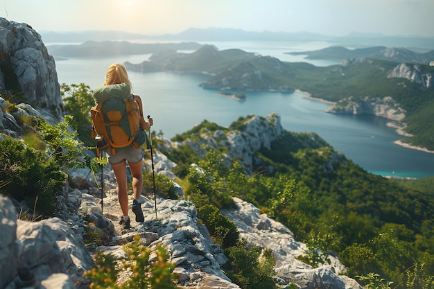 Woman Hiking Up the Side of a Mountain