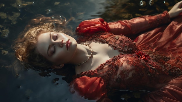 Woman in historical red dress floating