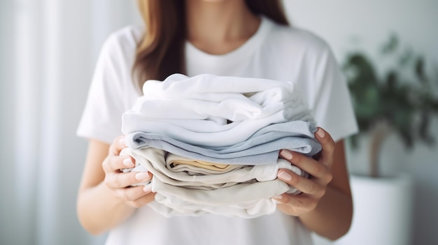 Woman hold clothes pile