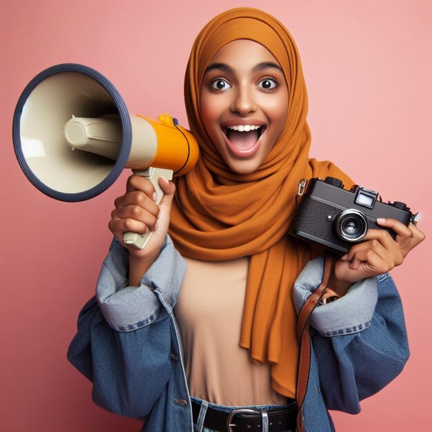 Photo woman hold in hand megaphone