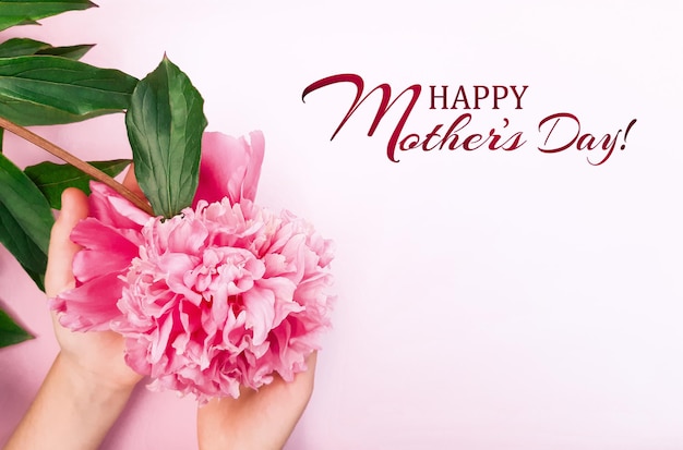 Woman hold in hands a pink peony, leaves on a white background. Fresh flowers. Inscription Happy Mother's Day. Advertising banner, poster for Mother's Day. Flat lay, top view, close up, copy space