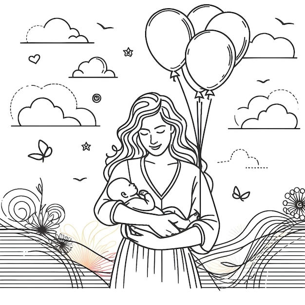 空気風船のラインアートで赤ちゃんを抱いている女性