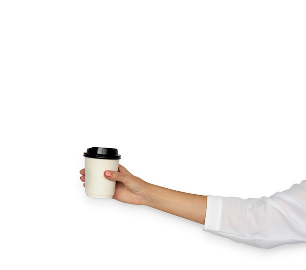 Photo woman hold hot coffee paper cup white background