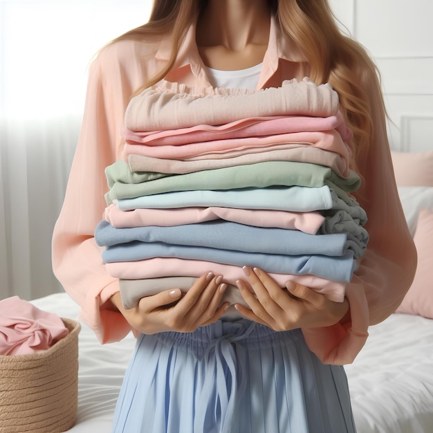 Woman hold pastel clothes pile in white room close up