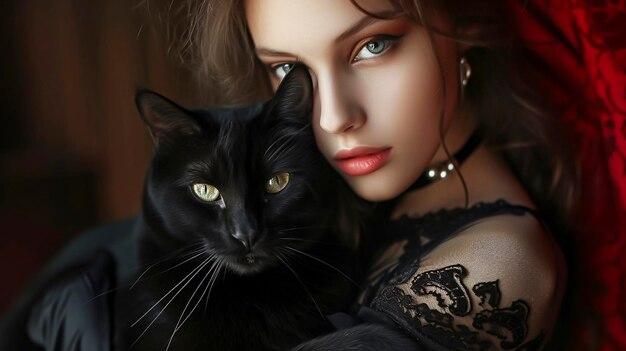写真 腕に黒い猫を抱いた女性