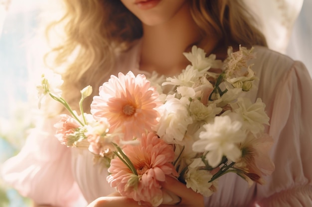 写真 結婚式 の 花 の 茂み た 花束 を 持っ て いる 女性