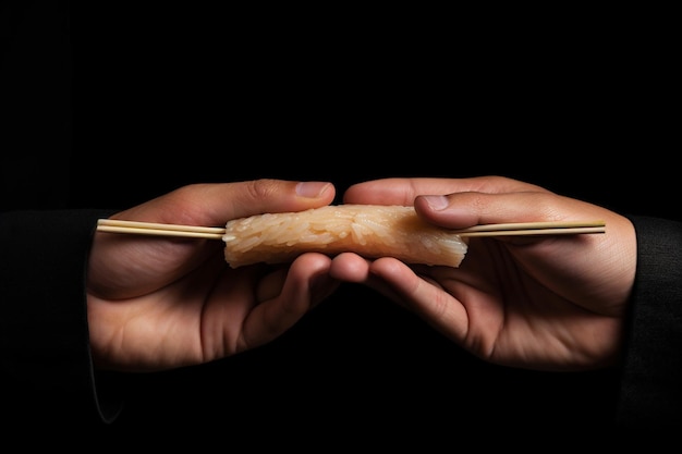 Фото Женщина с парой палочек с лососями суши