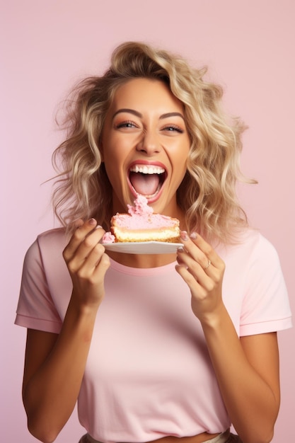 写真 顔の前でケーキを握っている女性食事や祝いのコンセプトに最適です