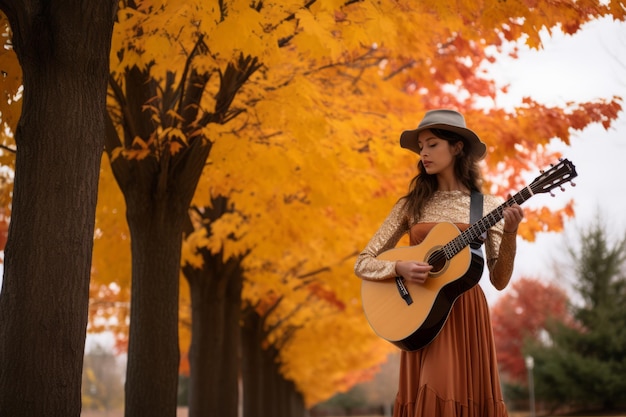 Foto una donna che tiene una chitarra acustica davanti agli alberi