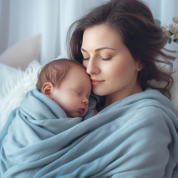 Woman holding adorable baby wrapped in blue blanket Generative AI