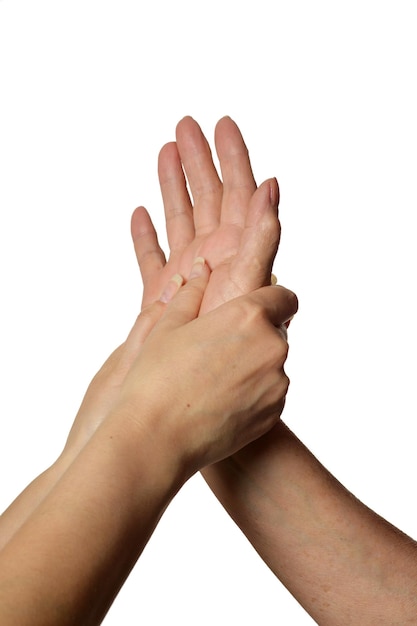 Woman holding adult daughters hands on white background