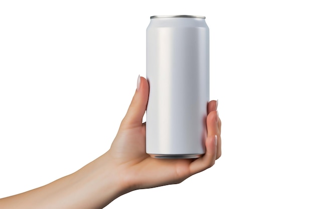 Woman holding aluminum can with beverage on white isolated background closeup Space for design Mocap