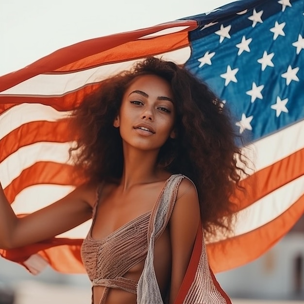 A woman holding an american flag