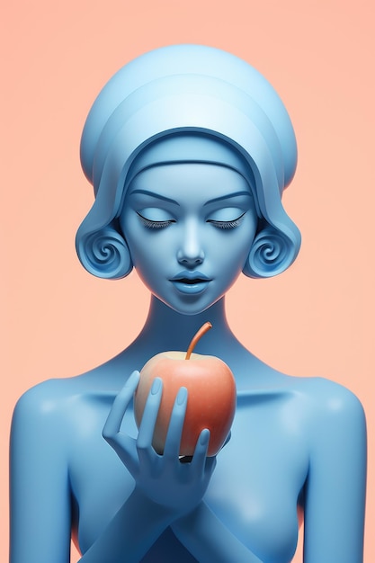 A woman holding an apple in front of her face antropomorphic android