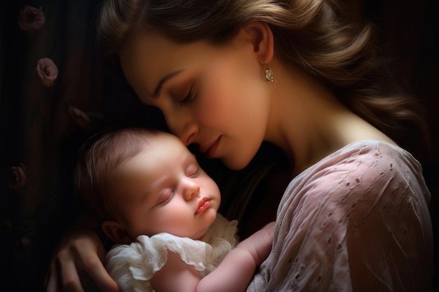 赤ちゃんを腕に抱く女性 母親は親子愛 親子愛 絆ケア 家族母性 母親と赤ちゃんのキスとハグ 幸せな家族 AI 生成