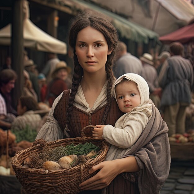 a woman holding a baby and a basket of vegetables