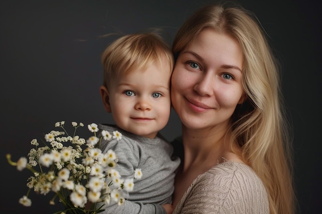 a woman holding a baby and a bouquet of flowers